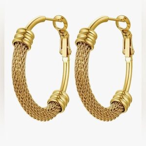 Unique Neiman Marcus Gold plate Antiqued chain Hoop Earrings
